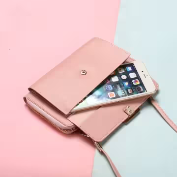 雙層口袋皮革×可斜背×手機拉鍊長皮夾×棕咖