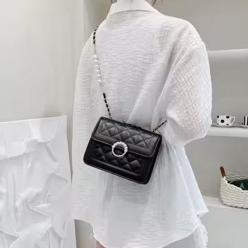 小香風珍珠輕奢菱格紋×斜背包×黑色