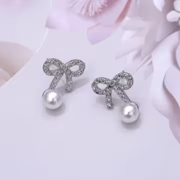 925銀針×珍珠晶鑽蝴蝶結×耳針