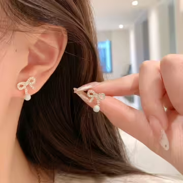925銀針×珍珠晶鑽蝴蝶結×耳針