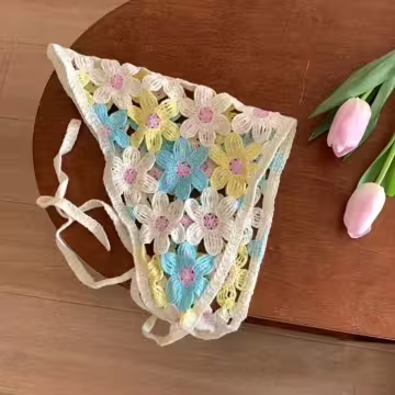 鏤空花朵針織×三角頭巾×黃藍