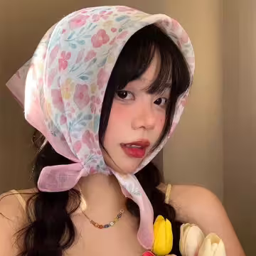 粉紅小碎花×絲巾×四角頭巾