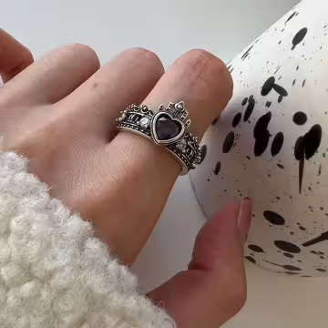 美式&times;復古&times;紫色鋯石&times;愛心皇冠&times;開口戒指