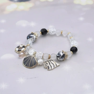 甜美貝殼海洋熱帶魚×固定式串珠手環×黑色.avif