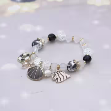 甜美貝殼海洋熱帶魚×固定式串珠手環×黑色