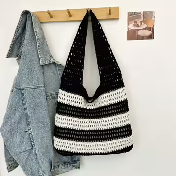 條紋拼接鏤空針織×肩背包×黑色