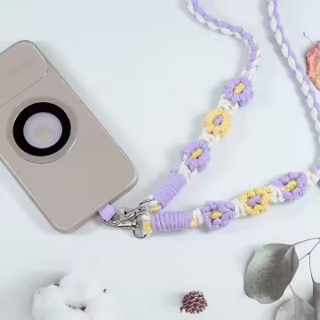 粗麻辮小花朵×手機斜背雙勾掛繩×紫黃