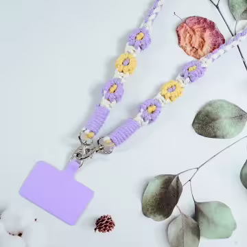 粗麻辮小花朵×手機斜背雙勾掛繩×紫黃